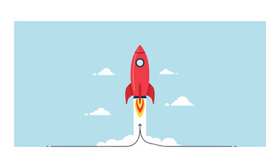 Red Rocket Ship Launching into Blue Sky Illustration
