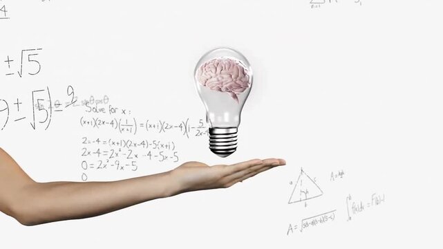 Animation of light bulb with brain over woman's hand and mathematical data processing