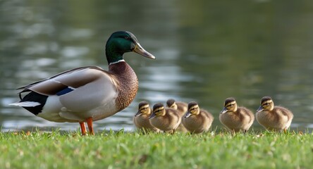 Obraz premium Delighted mother duck with her ducklings waddling on soft grassy shore