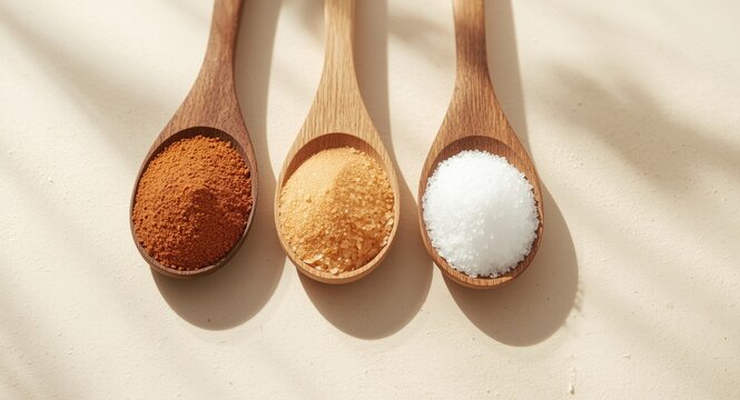 Natural and synthetic sugar substitutes showcased in wooden spoons with sorbitol fructose and sucralose