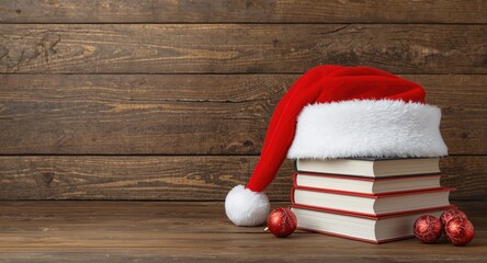 Christmas holiday objects with Santa Claus hat and stacked books on wooden background