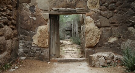 A rustic doorway ajar on a dusty path leading to a mystic spot