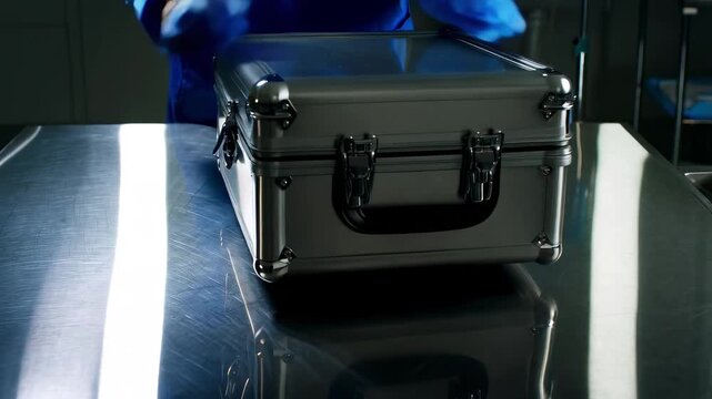 On a reflective steel bench, a sturdy metal equipment case rests closed, its latches and handle centered, while blue-gloved hands approach, hinting at a secure lab handoff.