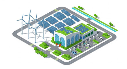 Modern sustainable energy complex with solar panels and wind turbines.