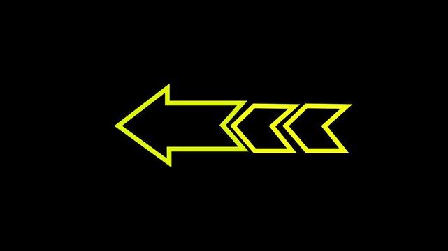 A dynamic of a left-pointing arrow formed by a progression of three yellow chevron shapes, all outlined in a bright, energetic yellow against a deep black background, signifying a backward movement