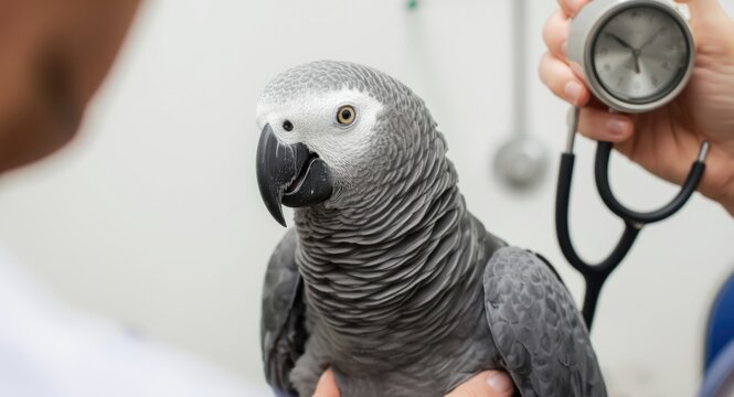 Curious African grey parrot undergoing physical exam by vet with stethoscope in office