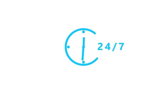 A bright blue outline of a clock face with hands indicating time, alongside the bright blue text 24/7, is displayed against a plain white background representing constant availability and service