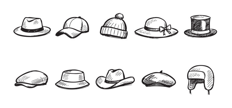 Set of ten sketched hats, including fedora, baseball cap, beanie, sunhat, top hat, newsboy cap, bucket hat, cowboy hat, beret, and trapper hat on white.