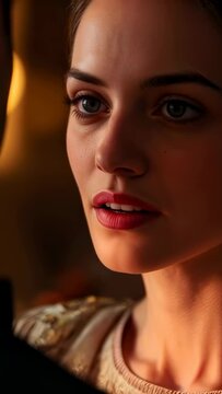 Vertical video: Responding to offscreen cue, woman in beaded garment tilting at set with lamp bokeh
