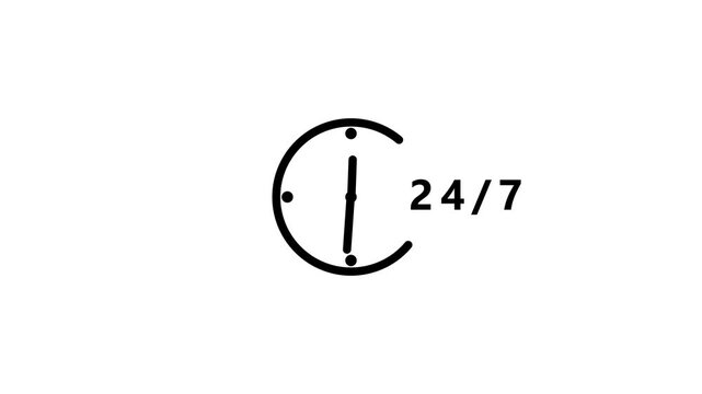 A black outline of a clock face with hands indicating time, accompanied by the black text 24/7, is shown on a plain white background representing constant availability and service