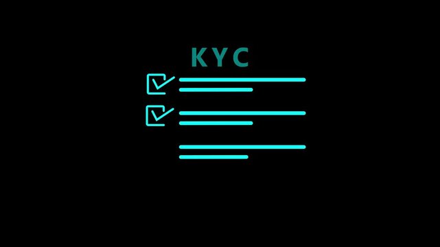Cyan neon outline of KYC text with a checkbox and document lines on a black background Know Your Customer