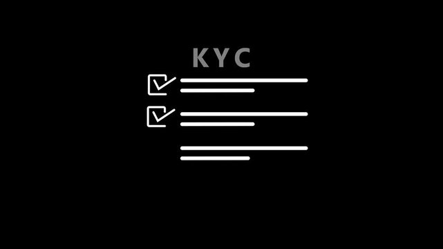 Black and white representation of KYC with a checkbox and document lines on a solid black background