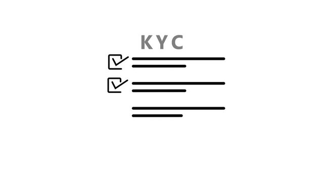 Simple black line of the letters KYC with a checkbox and lines representing a document on a white background