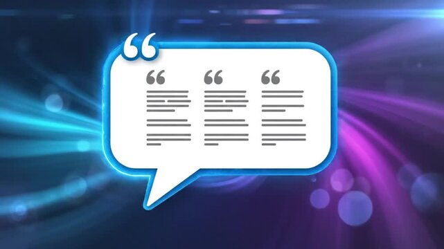 Futuristic quote box animation with text, blue and purple dynamic background for business, technology, innovation concepts.