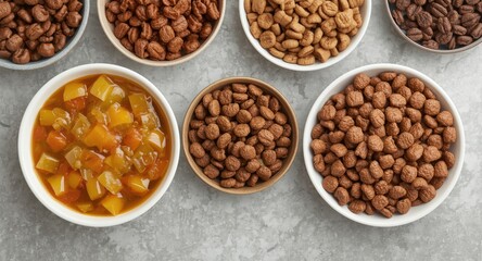 Fototapeta premium Assortment of moist and kibble style pet food on dining surface
