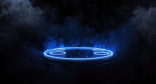 Mechanical circle shaped platform with illuminated rings enveloped in smoky black clouds highlighting cryptocurrency trends