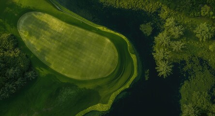 Aerial perspective capturing golf course and water algae