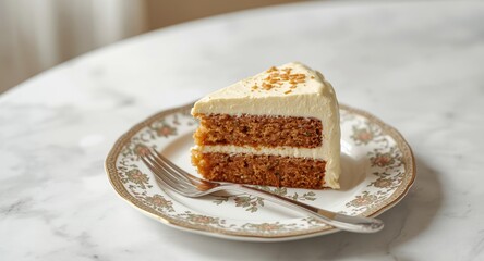 A delightful piece of carrot cake with cream cheese frosting on a patterned plate with a fork
