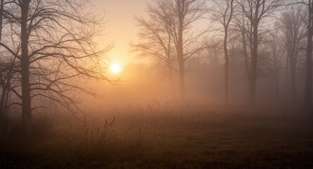 Fototapeta premium Early morning fog in serene woodland with warm sunrise emphasizing natural seasonal shift