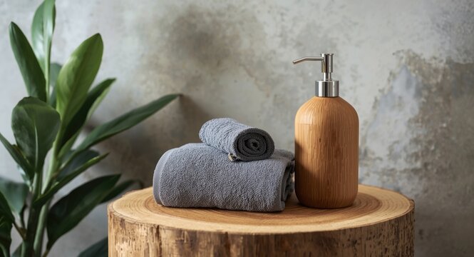 Contemporary bathroom setup highlighting eco friendly eucalyptus towels and sensor dispenser on oak stump surface