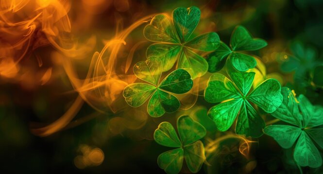 Clovers shining with technicolor fiery glow and wispy luminous effects