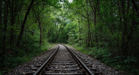 Fototapeta premium A deserted railway track winding through dense forest with lush greenery creating an abandoned atmosphere
