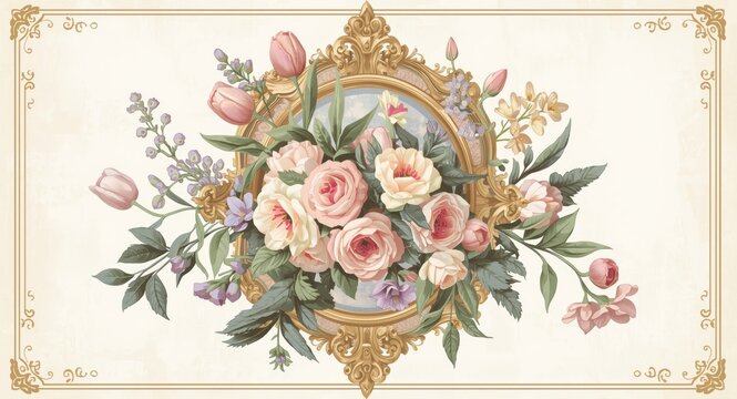 Artistic illustration of pastel garden blooms including roses and tulips with leafy accents in a baroque frame
