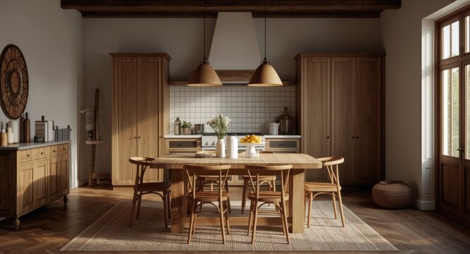Boho kitchen design highlighting wooden rural dining table with natural light