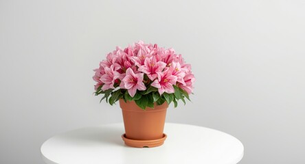 Fototapeta premium Brown potted pink azalea flowering profusely on white table with copy space