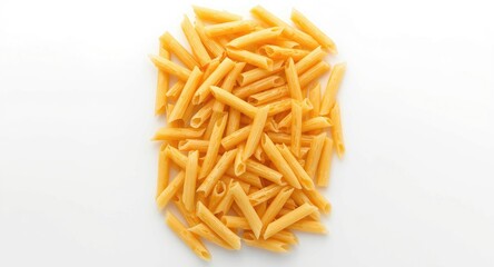 Fototapeta premium Dry penne pasta resting on a glossy white background