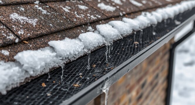 Close-up of roof shingles and mesh gutter guard with melting snow in winter