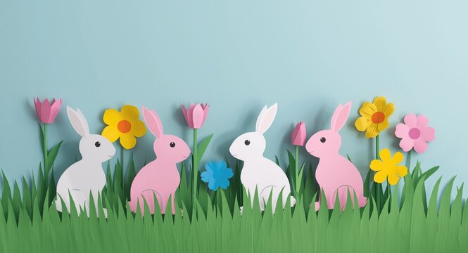 Easter craft paper rabbits and bright flowers placed in a calm natural setting for cards