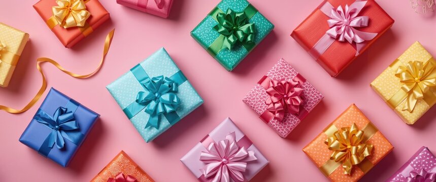 Colorful festive gift packages with neat bows on a pastel pink backdrop suitable for celebrations