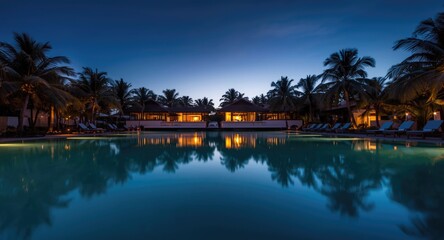 Serene dusk scene with palm tree reflections on a calm blue tropical pool