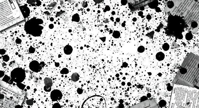 Black and white illustrated background with chaotic spots and newspaper fragments