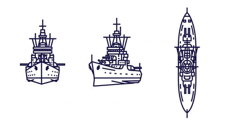 Warship Illustration Front Side Top Views. © Huda