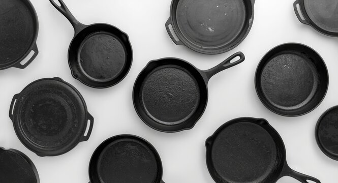 Collection of black iron skillets with textured surfaces on a smooth white background