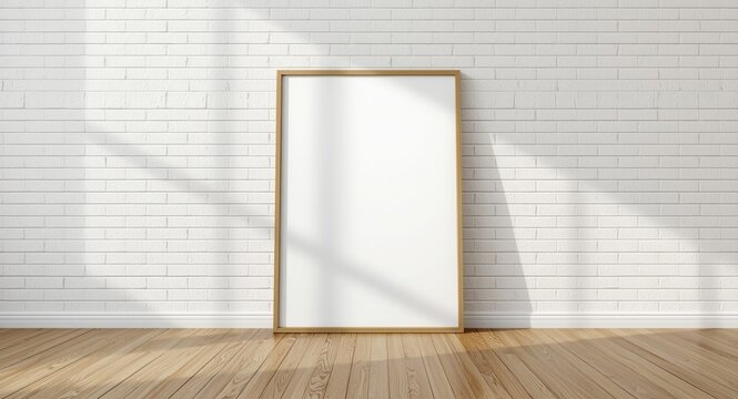 24x36 inch canvas paper poster mockup in wooden frame on white brick wall in warm modern natural interior