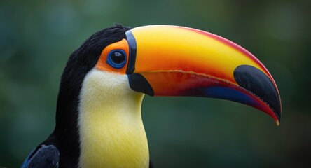 Detailed close up of a colorful toucan bird head with vibrant feathers