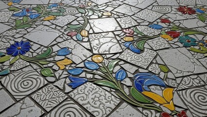 Fototapeta premium A colorful mosaic art piece featuring flowers and leaves on a gray background
