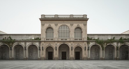 Fototapeta premium Architectural exterior vertical shot of vintage building topped with symmetrical arched concrete walls