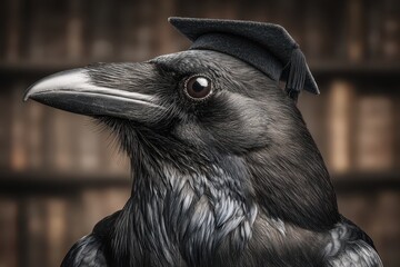 Obraz premium A highly detailed portrait of a raven wearing a graduation cap, looking intelligent and ready for academic achievements, with a bookshelf blurred in the background.