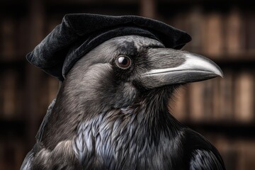 Obraz premium A captivating close-up of a raven wearing a graduation cap, set against a blurry background of bookshelves, a symbol of knowledge and academic achievement.