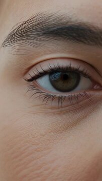 Vertical video: Moving pen lighting right eye for exam, causing pupil narrowing and lashes shining