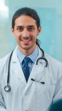 Vertical video: Smiling doctor greeting patient at clinic, explaining plan in lab coat with steth