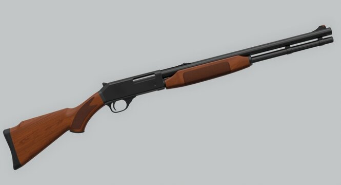 Animated pump shotgun with wooden buttstock designed for combat and game shooting
