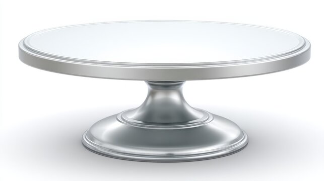 Silver metallic cake stand with a round transparent glass top, providing an empty elevated platform for showcasing confectionery in an isolated studio setup