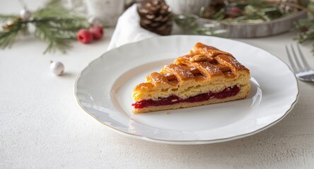 Classic Austrian shortcake Linzer Torte filled with fruit preserves and nut accents