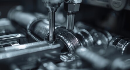 Fototapeta premium Slicing stainless steel bars into circular rods for automotive engineering applications