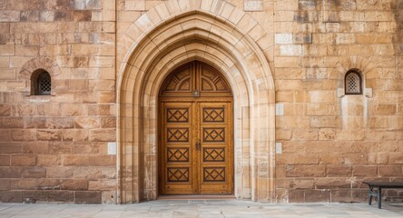 Fototapeta premium Elegant wooden door surrounded by decorative stone arch architecture in a mosque